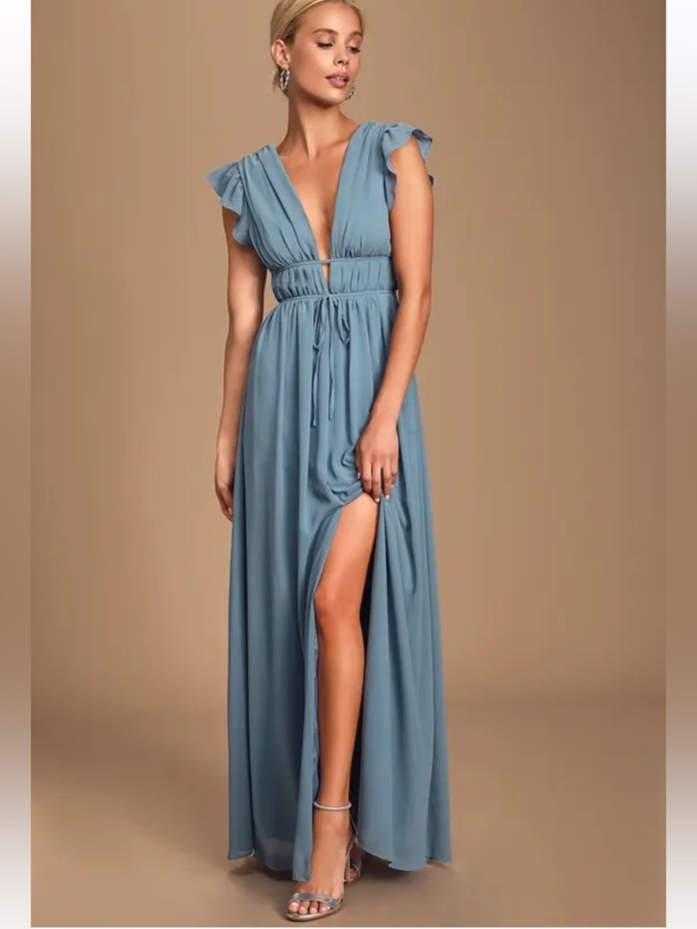 NWOT Lulus I'm All Yours Slate Blue Ruffled Maxi Dress Small